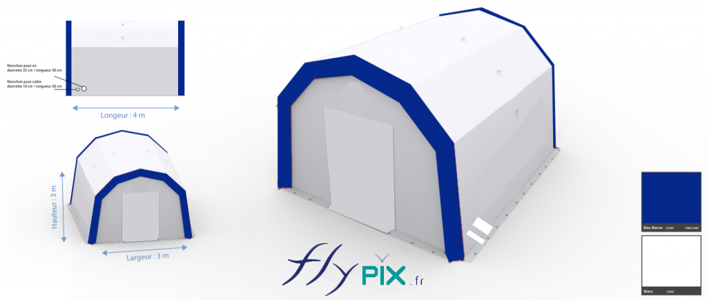 A 3D model of the PMA 4 x 3 m inflatable tent , serving as a proof for approval, validated by the client Etienne Lacroix .