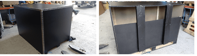 A very sturdy and robust custom-made flight case, reinforced and equipped with wheels, for storing and protecting the inflatable shelter during future transport. – Photo: copyright FlyPix/Vivien LAÏLLE, all rights reserved.