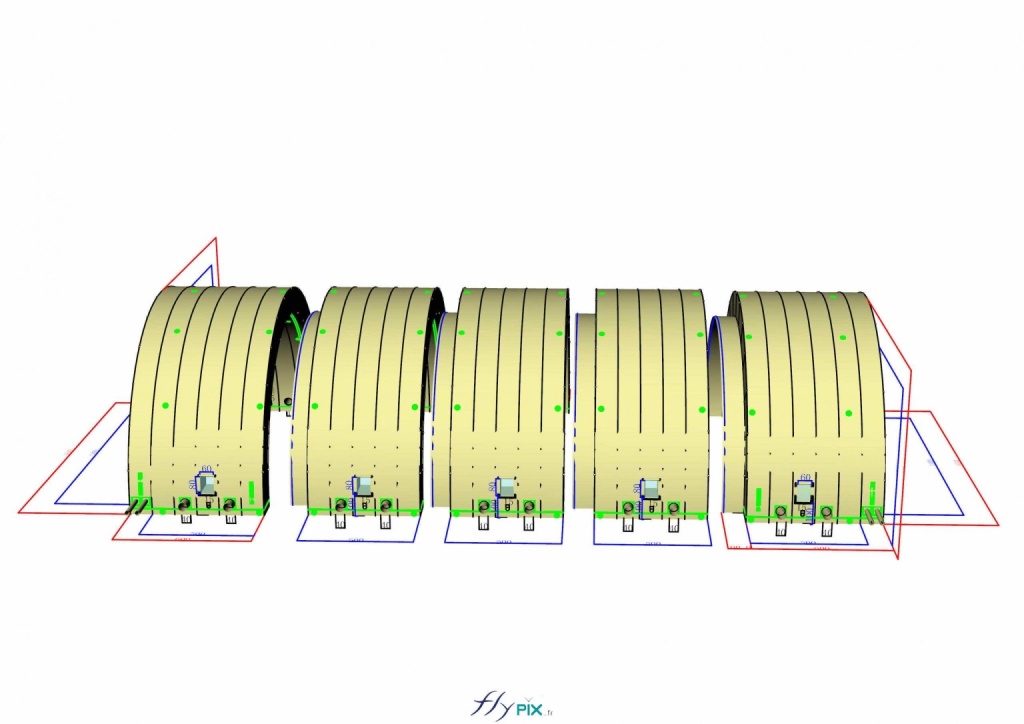 A 3D computer-generated side view showing the layout of the 5 inflatable shelter modules. Per module: 2 hot/cold air sleeves, locations and diameters to be determined, filtration, air conditioning or heating systems not included + 2 cable and electrical conduit sleeves. - Copyright: Vivien LAÏLLE/FLYPIX, all rights reserved. Above: a 3D computer-generated side view showing the layout of the 5 inflatable shelter modules. Each module includes: 2 hot/cold air ducts (locations and diameters to be determined), filtration, air conditioning, or heating systems not included, plus 2 cable and electrical conduit sleeves. – Copyright: Vivien LAÏLLE/FLYPIX, all rights reserved.