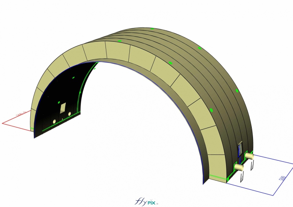 A 3D view of an intermediate inflatable module in the shape of a half-moon tunnel. - Copyright: Vivien LAÏLLE/FLYPIX, all rights reserved. A 3D view of an intermediate inflatable module in the shape of a half-moon tunnel. – Copyright: Vivien LAÏLLE/FLYPIX, all rights reserved.