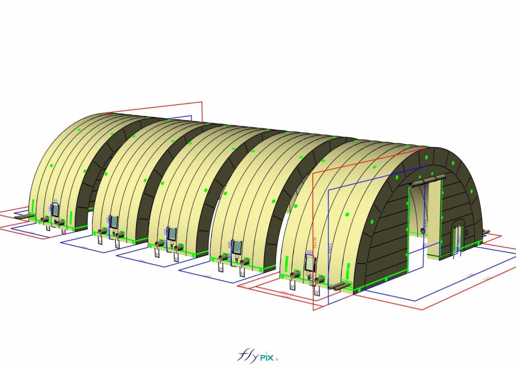 Another 3D rendering shows the front gable end of the inflatable hangar, with a large main access door. The four other modules are also depicted. - Copyright: Vivien LAÏLLE/FLYPIX, all rights reserved. Another 3D rendering shows the front gable end of the inflatable hangar, with a large main access door. The four other modules are also depicted. – Copyright: Vivien LAÏLLE/FLYPIX, all rights reserved.