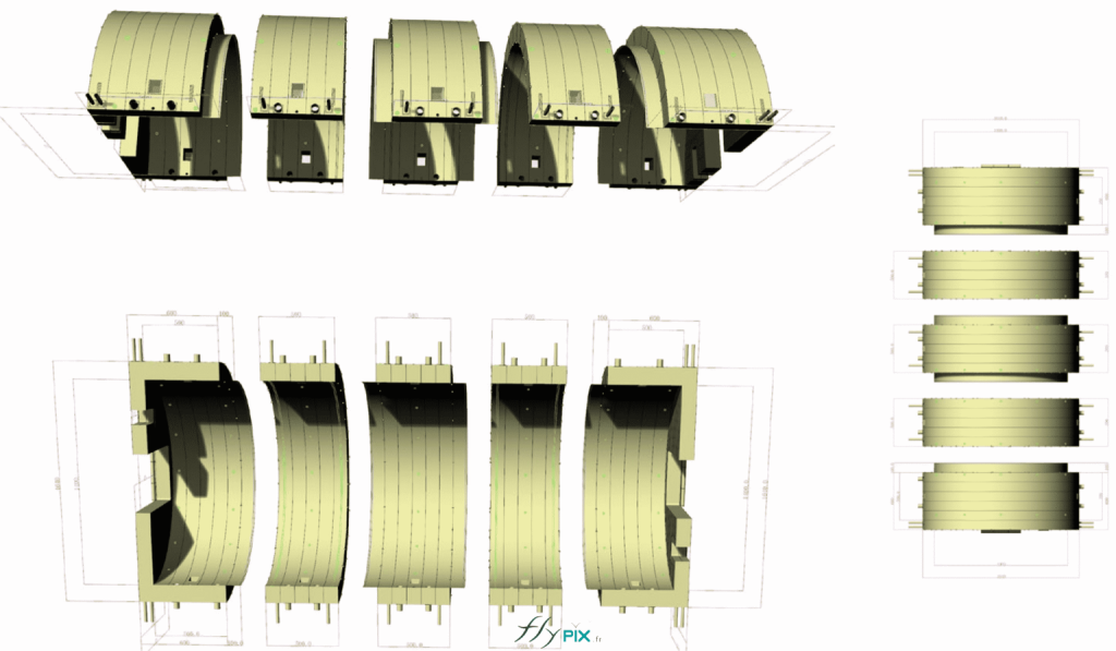 A computer graphics and 3D modeling rendering shows a 350 m² inflatable military hangar, 25 m long x 14 m wide x 7 m high, in a half-moon tunnel shape, composed of five interconnected inflatable modules, from different perspectives: top, side, and bottom. These types of representations are useful for facilitating understanding and guiding the client's decision. Above: a computer graphics and 3D modeling rendering of a 350 m² inflatable military hangar, L = 25 m x W = 14 m x H = 7 m, in a crescent-shaped tunnel shape, composed of 5 interconnected inflatable modules, shown from different perspectives: top, side, and bottom. These types of representations are useful for facilitating understanding and guiding the client's decision. – Copyright: Vivien LAÏLLE/FLYPIX, all rights reserved.