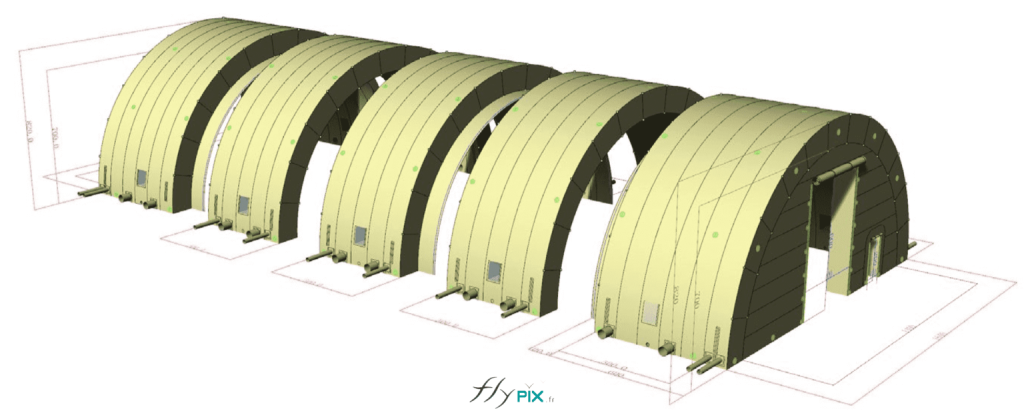 Another 3D rendering shows the front gable end of the inflatable hangar, with a large main access door. The four other modules are also depicted. - Copyright: Vivien LAÏLLE/FLYPIX, all rights reserved. The image above shows a 3D model of a set of five inflatable tunnel modules, which, when connected, form a large inflatable military hangar. The first and last modules each have a gable end with a main access door. Each inflatable module has four air sleeves, each used to house a blower for inflating the structure. In this case, the material used for the walls and roof is 0.45 mm double-skinned, padded PVC. There are also air sleeves for installing climate control devices inside the inflatable shelter: heating, air conditioning, air filtration, etc. The semi-circular tunnel shape provides exceptional stability and strength to the inflatable tent, thanks to natural buttresses. Ballast bags are then placed on the sides of the inflatable hangar, to which guy lines (Lancelin professional marine rope) are attached. – Copyright: Vivien LAÏLLE/FLYPIX, all rights reserved.