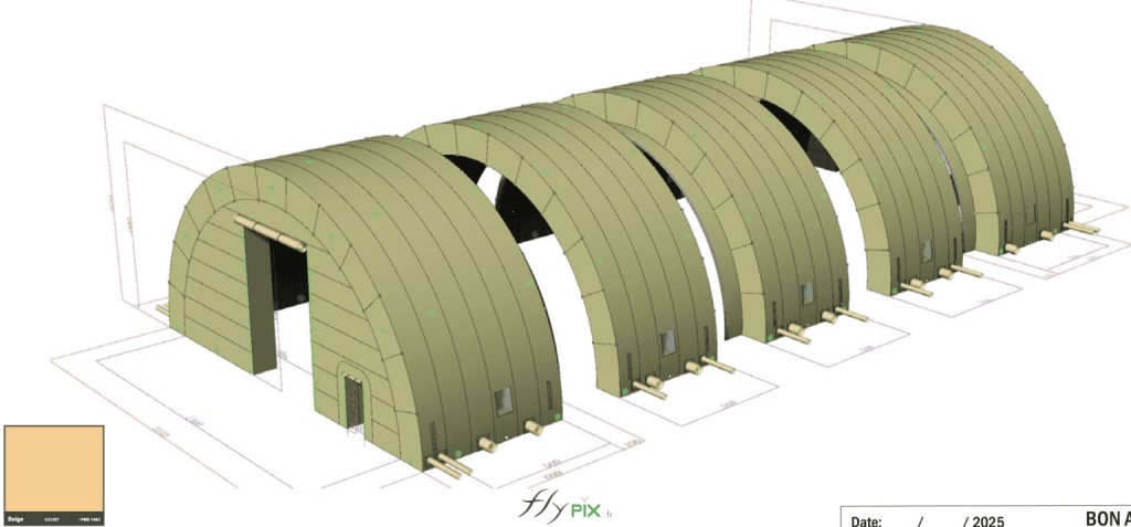 Another bird's-eye view, from above, shows the inflatable military hangar measuring L = 25 m x W = 14 m x H = 7 m, with a usable interior area of S = 350 m². It is a large inflatable tent with a double-layered, padded 0.45 mm PVC shell. - Copyright: Vivien LAÏLLE/FLYPIX, all rights reserved. Another bird's-eye view, from above, shows the inflatable military hangar measuring L = 25 m x W = 14 m x H = 7 m, with a usable interior area of S = 350 m². It is a large inflatable tent with a double-layered, padded 0.45 mm PVC shell. – Copyright: Vivien LAÏLLE/FLYPIX, all rights reserved.
