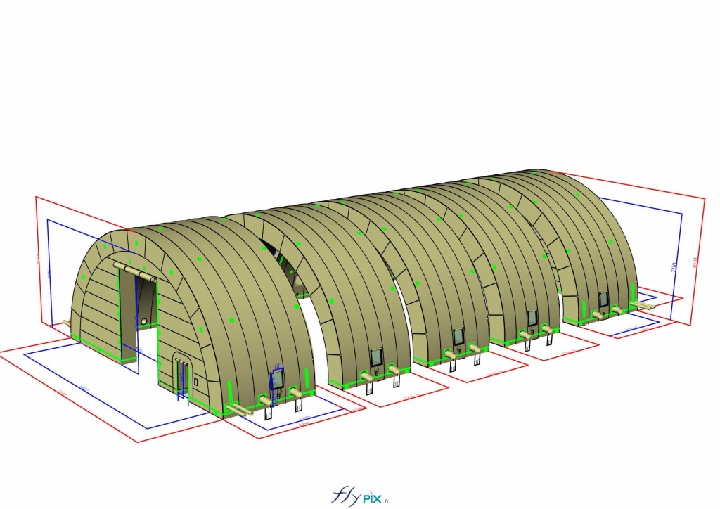 This 3D model, the final version (BAT - bon à tirer), presents the concept of the inflatable military hangar that has been approved by the client. The inflatable military shelter, shaped like a half-moon tunnel, is composed of 5 modules which, once assembled, provide a total length of L = 25 m, a width of 14 m, and a keystone height of H = 7 m. This 3D model, the final proof, presents the concept of the inflatable military hangar that has been approved by the client. The semicircular tunnel-shaped inflatable military shelter is composed of 5 modules which, once assembled, provide a total length of L = 25 m, a width of 14 m, and a keystone height of H = 7 m. This represents a large usable interior volume of S = 350 m², which will be necessary for the deployment of officers, soldiers, military personnel, and paratroopers during military operations in armed conflicts and war zones. Thanks to our expertise and skills, and with the guidance and support of our team of technicians and engineers, we can custom-manufacture inflatable military shelters, tents, and hangars of various sizes for a wide range of uses and needs. – Copyright: Vivien LAÏLLE/FLYPIX, all rights reserved.