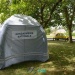 Exterior view of a military tent, an inflatable marquee made for the French National Gendarmerie, a captive air inflatable structure inflated with air using an electric pump, removable marking banners, Velcro fasteners and reflective safety strips for nighttime use.